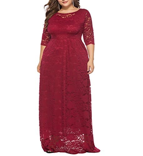 Eternatastic Womens Floral Lace 2/3 Sleeves Maxi Dress Evening Party Long Dress 3XL Red - Thumbnail 5
