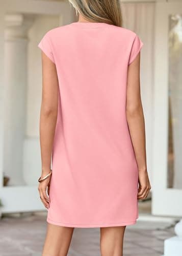 KIRUNDO Summer Dresses for Women 2026 Cap Sleeve Tshirt Dress Spring Mini Shift Sundress Loose Beach Outfits with Pockets(Pink, Small) - Thumbnail 2