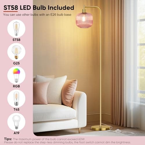 QiMH Glass Floor Lamp for Living Room, 67” Modern Standing Lamp with Pink Ribbed Glass Lampshade Pedal Switch Tall Lamp for Bedroom, Brushed Gold (2700K LED Bulb Included) - Thumbnail 3