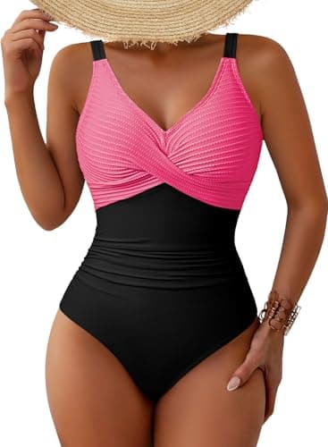 Pink Queen One Piece Swimsuits Women Patchwork Ruched Tummy Control Modest Bathing Suit Pool Swimming Wear Pink XL - Image 1