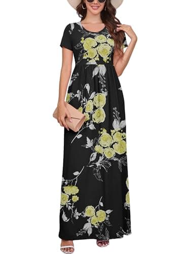 DEARCASE Women's Short Sleeve Maxi Dresses Floral Black Yellow Flower Branch X-Large Loose A-line Casual Spring Summer Flowy Beach Sundress Hawaiian Boho Vacation Casual Long Dress with Pockets - Image 1