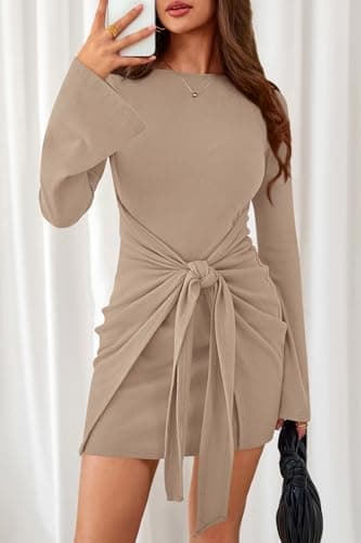 dowerme Women's Casual Mini Dress 2026 Bell Long Sleeve Boat Neck Tie Waist Bodycon Dresses Knitted Party Fall Outfits(Khaki,XX-Large) - Thumbnail 3
