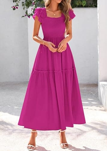 KIRUNDO Smocked Summer Dresses for Women 2026 Wedding Guest Midi Flowy Ruffle Short Sleeve Square Neck Tiered Sundress(Rose Red, XX-Large) - Thumbnail 6