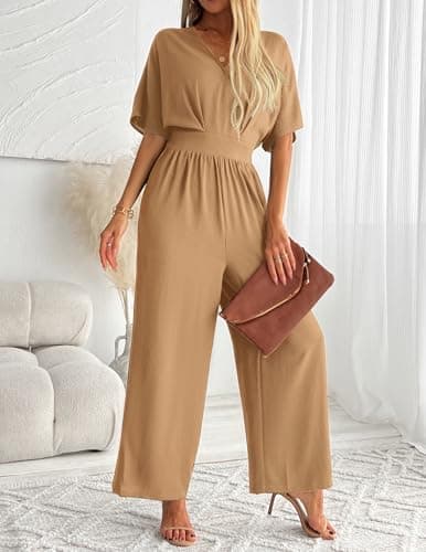LOOKBOOK Jumpsuit for Women Dressy Elegant Wide Leg Casual V Neck Short Sleeve Summer One Piece Outfits with Pockets Khaki S - Thumbnail 4