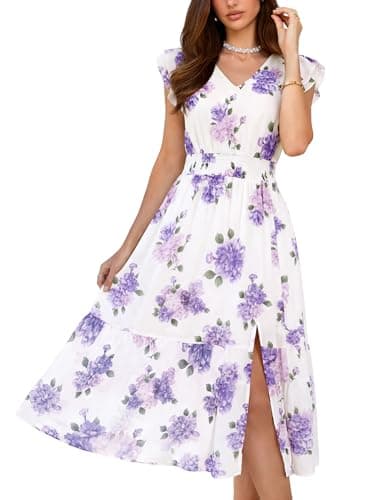 GRACE KARIN 2026 Womens Summer Dresses V Neck Ruffle Sleeve Floral Boho Beach A-Line Dress Purple-Floral Print X-Large - Image 1