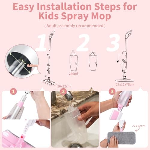 Lullulii Kids Spray Mop,Fun & Functional Toddler Cleaning Set,Real Working Mop for Floors,Pretend Play – Includes Spray Bottle, 2 Washable Microfiber Pads, Montessori Kids Cleaning Toy Set -Pink - Thumbnail 2