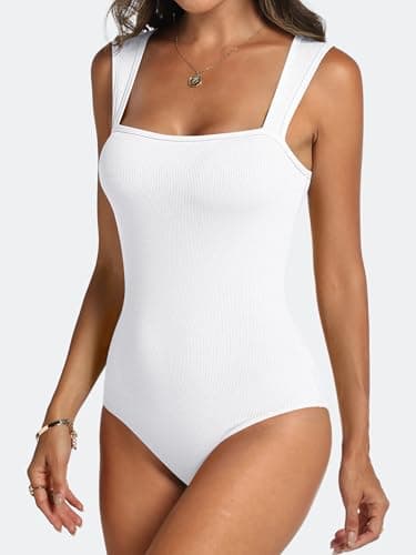ANRABESS Bodysuits for Women Summer Ribbed Knit Sleeveless Square Neck Tank Tops Slim Fitted Going Out Vacation Outfits White Large - Thumbnail 3