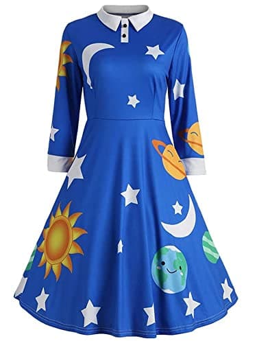 ZEZCLO Women's Long Sleeve Peter Pan Collar A-line Dress Halloween Costume Vintage Solar System Fit and Flare Dresses Blue XL - Image 1