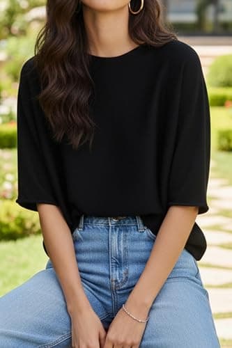 Orolay Short Sleeve Boat Neck Sweater Women Lightweight Dolman Loose Fit Pullover Knit Top Anthro Quince Dupes 2026 Black - Thumbnail 2