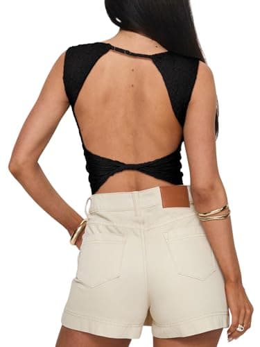 REORIA Women's Summer Sexy Open Back High Neck Sleeveless Tank Top Double Lined Y2k Lace Twist Backless Crop Tops Black XX-Large - Thumbnail 2