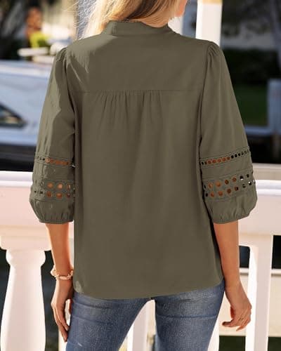 BTFBM Summer Tops for Women 2026 Eyelet Top 3/4 Length Sleeve Dressy Casual Blouses Spring Boho Button Down Shirts(Army Green, X-Large) - Thumbnail 3