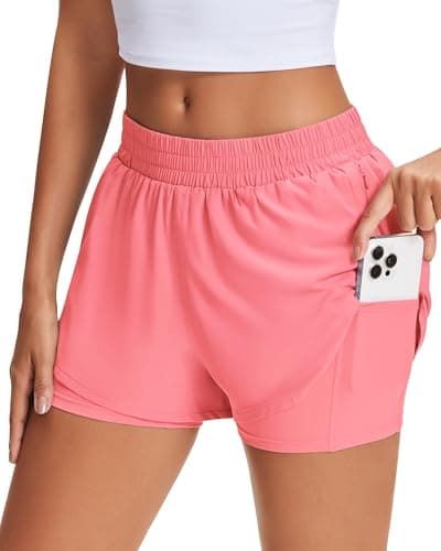 Stelle Women's 2 in 1 Running Shorts Athletic Workout Gym Shorts High Waisted Shorts with Liner Zipper Pockets (Coral, Medium) - Thumbnail 4