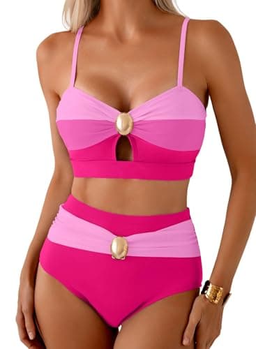Herseas Women's 2 Piece Pink Colorblock Bikini Sets Sweatheart Neck Oval Metal Popular Swimsuits High Waisted Tummy Control Moderate Coverage Bathing Suits Cute Beach Vacation Clothes XX-Large - Image 1