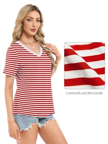 Womens Summer Tops Short Sleeve V Neck T Shirts Blouses Plus Size Tunic Vacation Beach Vacation Boho Outfits, Red/White Stripe 3XL - Thumbnail 4