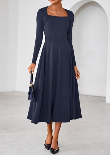 Lazysmile Long Sleeve Fall Dresses for Women Square Neck A Line Flowy Casual Elegant Wedding Guest Party Maxi Dress Navy - Thumbnail 5