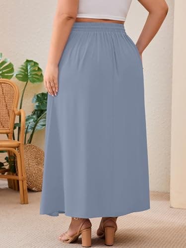 AusLook Plus Size Maxi Skirt for Women High Waisted Elastic Waist Flowy A Line Long Blue Gray 3X Skirt with Pockets Casual Summer Beach Vacation - Thumbnail 6