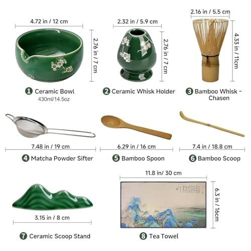Matcha Whisk Set, 8 PCS Matcha Kit with Ceramic Matcha Bowl, Bamboo Whisk & Holder, Scoop, Spoon, Sifter and Tea Towel, Japanese Matcha Tea Set for Beginners, Tea Lovers & Gifts, Green - Thumbnail 2