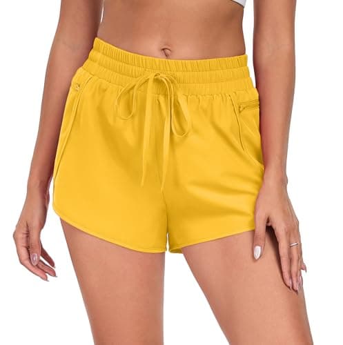 PrinStory Womens Athletic Shorts High Waisted Running Quick Dry Gym Workout Shorts with Zipper Pockets Golden Yellow-L-FBA - Thumbnail 6