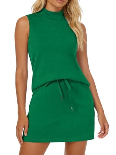 Casly Lamiit Womens 2 Piece Set Summer Tracksuits Tennis Skirts Country Concert Outfits for Women Mock Neck Sweatsuits Travel Beach Clothing Sets Green 2XL - Image 1