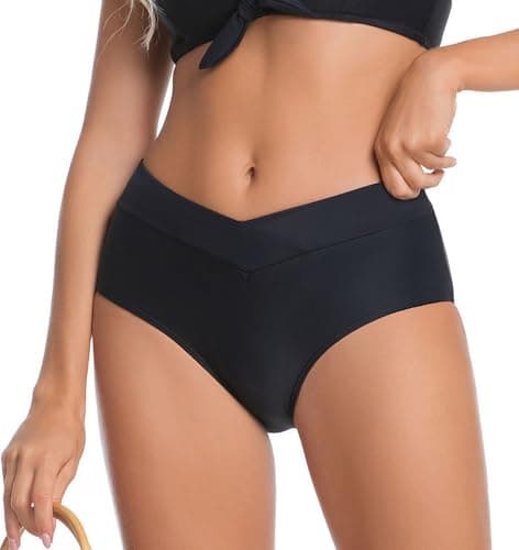 COCOPEAR V Cut Mid Rise Bikini Bottoms for Women Cross Front Bathing Suit Bottoms for Women Black S - Thumbnail 2