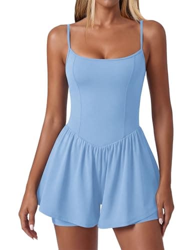 Ekouaer Womens Summer Sleeveless Workout Rompers Athletic Jumpsuit Double Lined Shorts One Piece Gym Yoga Clothes Light Blue - Image 1