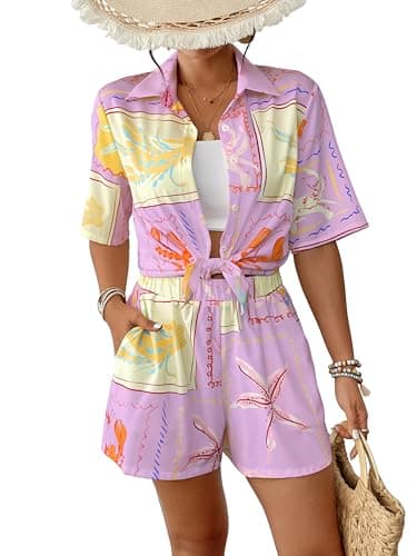 Bsubseach 2 Piece Short Sets for Women Tropical Printed Short Sleeve Button Down Shirt and Shorts Summer Beach Vacation Set Purple XL - Image 1