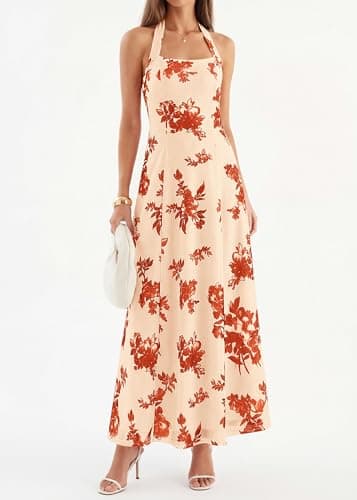 KIRUNDO Women's Summer Sleeveless Halter Floral Maxi Dress 2026 Beach Wedding Guest Cocktail Mesh Flowy A Line Long Sundress(Apricot, XX-Large) - Thumbnail 2