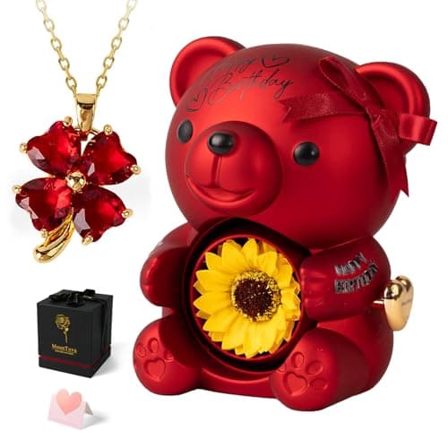 mountova Birthday Gifts for Women, Lucky Sunflower Bear with Four-Leaf Clover Necklace Gift for Girlfriend Wife, Happy Birthday Gift for Daughter Sister Mom Grandma, Surprise Jewelry Box, Red - Image 1