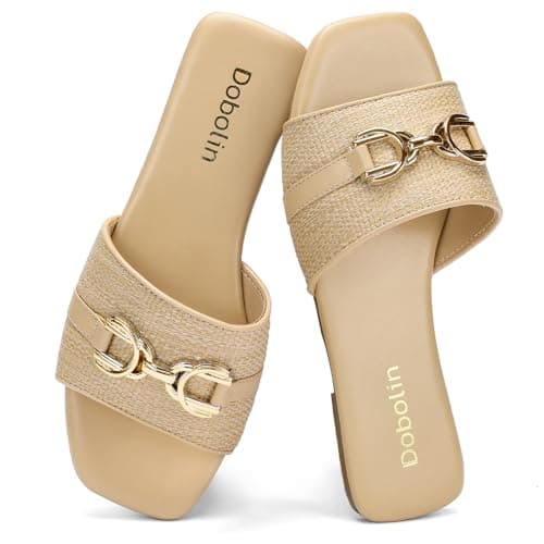 DOBOLIN Women's Raffia Flat Sandals Wide Width Slip On Slides Open Square Toe Woven Sandals with Metal Horsebit for Casual Summer Beach Beige Size 6-11 - Image 1