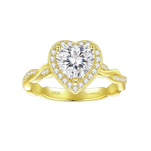 SILVERNANA 1.5ct Heart Cut Moissanite Engagement Ring for Women Yellow Gold Plated Sterling Silver Twisted Vine Heart Halo Promise Ring Size 9.5