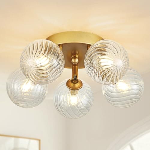 brfaixla Gold Ceiling Bubble Light Fixture Modern 5 Lights Swirled Clear Ribbed Blown Glass Ball Chandelier Semi Flush Mount Lighting Dia 12.6" for Hallway Entryway Kitchen Dining Room - Image 1