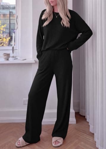 KIRUNDO Spring 2 Piece Lounge Sets for Women Long Sleeve Ribbed Knit Tops Wide Leg Pants Matching Travel Outfits Postpartum(Black, XX-Large) - Thumbnail 2