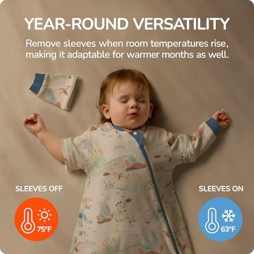 Baby Sleep Sack 3–6 Months, Cotton Sleep Sack with Detachable Long Sleeves, 1.0 TOG Wearable Blanket for Cooler Nights, 2-Way Zipper Toddler Sleeping Sack with Temperature Strip, Dinosaur - Thumbnail 3