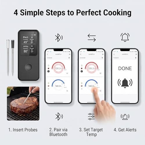 Berrcom 2.4 Inch Wireless Meat Thermometer with Dual Probes, Bluetooth Meat Thermometer with 500FT Range, 400°C Heat-Resistant Probe, Smart App with 12 Presets for Grilling BBQ Oven Smoker - Thumbnail 5