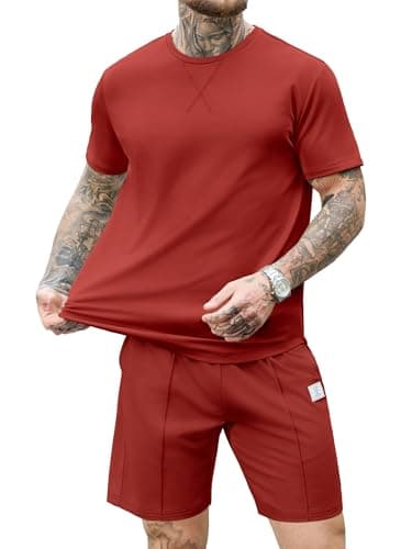 JEMLDL Lounge Sets for Men 2 Piece Summer Casual Outfits Short Sleeve Shirt & Shorts Matching Set Sweat Suit Vacation Clothing Red M - Image 1