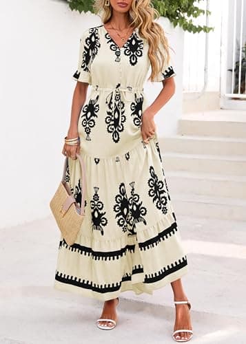 Lazysmile Summer Dresses for Women Short Sleeve V Neck Floral Drawstring Flowy A Line Boho Maxi Dress with Pockets Apricot - Thumbnail 5
