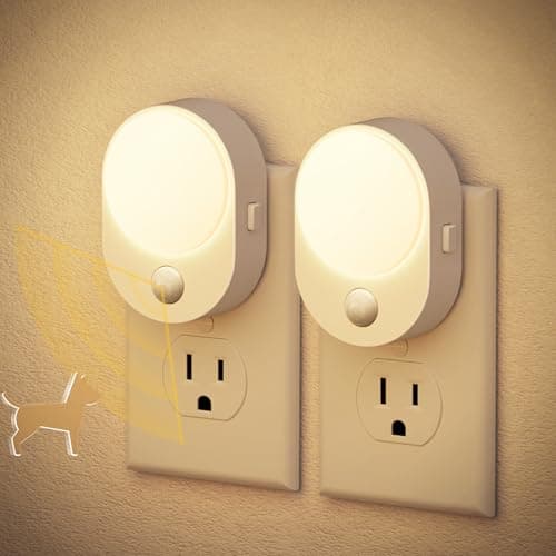 JandCase LED Motion Sensor Night Light, 2 Pack, Motion Activated Sensor Night Lights Plug into Wall, 3000K Warm White, Dimmable Nightlight with Dusk to Dawn Sensor for Kids Bathroom Hallway Bedroom - Image 1