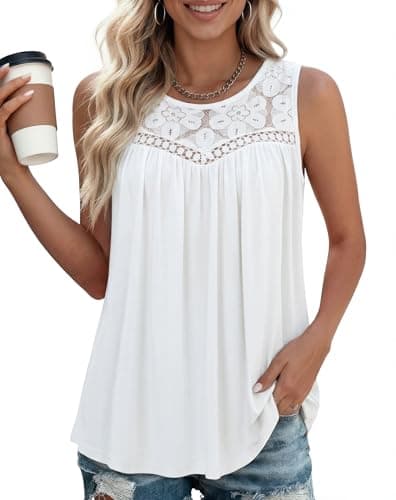 Summer Tank Tops for Women - Sleeveless Womens Tank Tops, Floral Lace Top Loose Fit Round Neck Blouses for Casual Wear White - Image 1