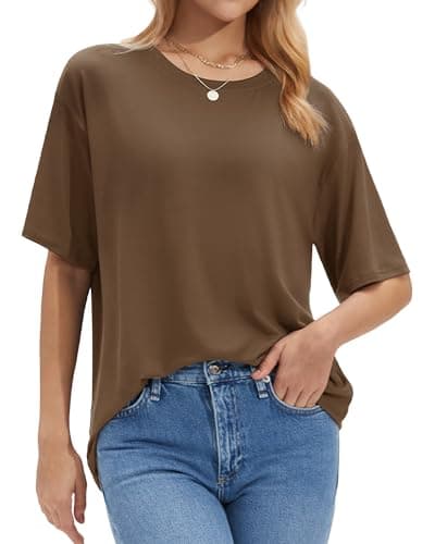 Stelle T Shirts for Women Crew Neck Short Sleeve Summer Tops Loose Fit Soft Basic Tee Shirt Mocha X-Small - Image 1