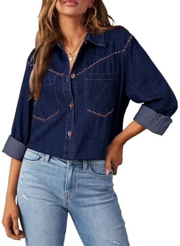 Dokotoo Womens Fashion Casual V Neck Long Sleeve Button Down Denim Shirt Basic Relaxed Fit Western Cowgirl Outfits Chambray Shirt Rhinestone Top Sail Blue Denim Tops Lightweight Jean Jacket Shacket XL - Image 1