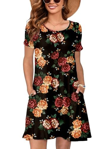 Heymoments Summer Dresses for Women Casual 2026 Floral Print Medium Short Sleeve V Neck Cute T Shirt Loose Sundress Comfy Swing Work Flowy Ladies Beach Vacation Teen Teacher Dresses with Pockets - Image 1