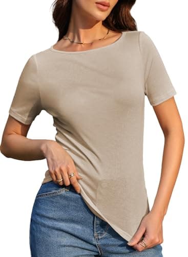 EVALESS Womens Wool Blend Summer Tops 2026 Casual Crewneck Short Sleeve Shirts Basic Tees Sexy Light Sheer Fitted Plain T Shirts Oatmeal X-Large - Image 1