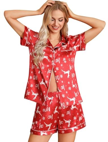 Leikar Button Up Christmas Pajamas For Women Button Down Red Elk Pajamas Silk PJ Set Soft Sleepwear S - Image 1