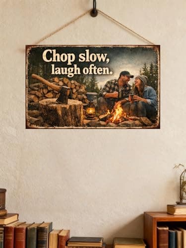 Chop Slow Laugh Often Vintage Tin Sign Rustic Outdoor Wall Decor Metal Plaque Camping Campfire Axe Wood Theme Cabin Garage Bar Farmhouse Humor Art 8x12 Inch Pre Drilled Holes - Thumbnail 2