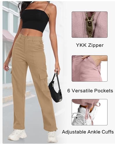 Plus Sized Y2K Wide Leg Cargo Pants for Women High-Waist Hiking Trousers with Drawstring Casual Baggy Pants 2025 A - Khaki - Thumbnail 4