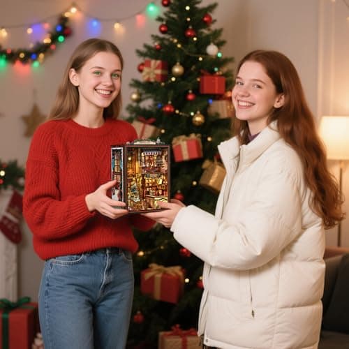 DIY Christmas Store Book Nook Kit, Miniature House with LED Light, 264pcs Wooden 3D Puzzles for Adults Teens, Bookshelf Decor Scale Model, Cultural Handmade Gift for Christmas & Book Lovers - Thumbnail 5