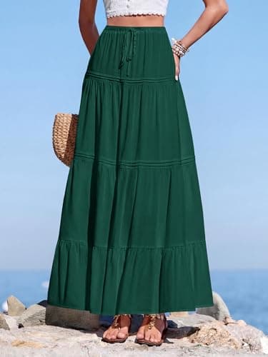BTFBM Spring Skirts for Women 2026 Summer Boho Beach Vacation Clothes Casual Pleated High Waisted Flowy Maxi Skirt(Green, Small) - Thumbnail 4