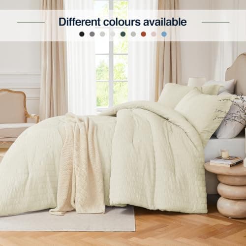Quataly Queen Comforter Set Cream,3PCS Seersucker Lightweight Bedding Comforter for All Season, Queen Size(90''×90'' Comforter & 2 Pillowcases) - Thumbnail 6