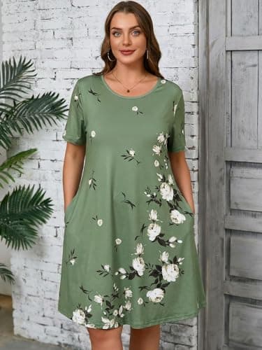 AusLook Plus Size Floral Midi Dress for Women Casual Summer Short Sleeve A Line Swing 5X Dress with Pockets Round Neck Flowy Knee Length T Shirt Vacation Beach Sundress - Thumbnail 2