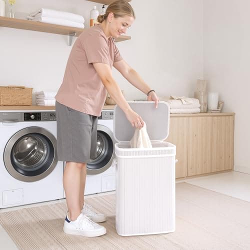 StorageWorks Laundry Hamper with Lid, Foldable Bamboo Laundry Basket, Clothes Hamper with Handles, Organizer and Storage for Laundry Room, Bedroom, Dorm, White - Thumbnail 2